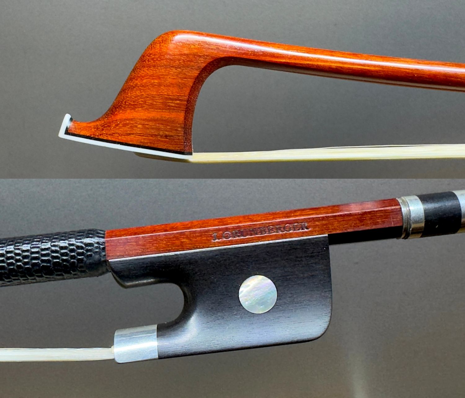 Archet de violoncelle monté ébène et argent fabriqué par Jean Grunberger.