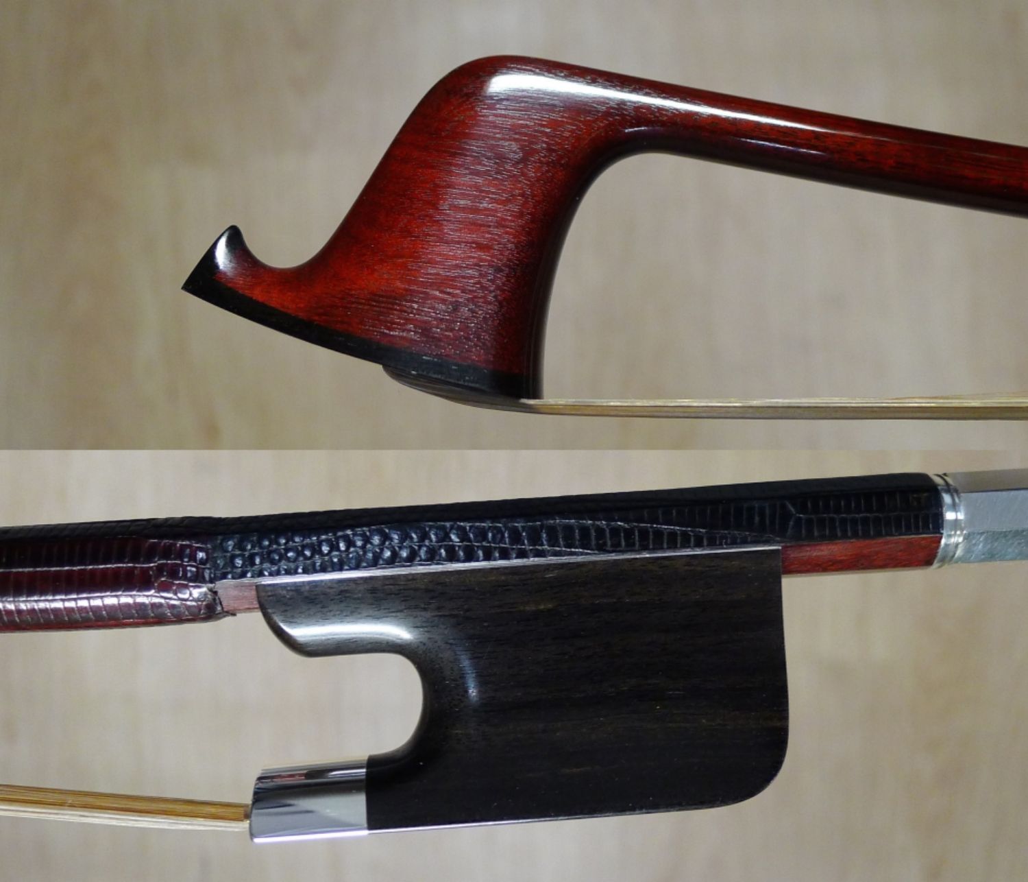 Archet de contrebasse monté ébène et argent fabriqué par Jean Grunberger.